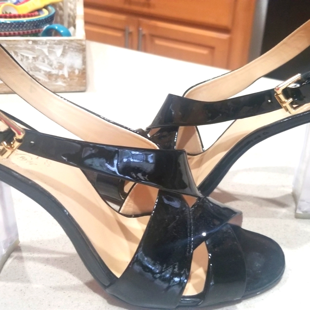 SOLD Talbots sexy, size-9 patten leather & lucite heeled sandals.  SOLD.